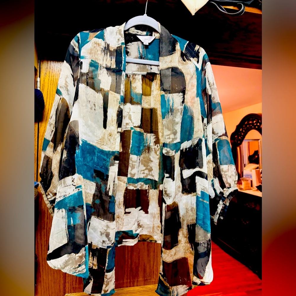 Zoa NYC Abstract Open Front Blouse | Watercolor Brushstroke Print | Size S
